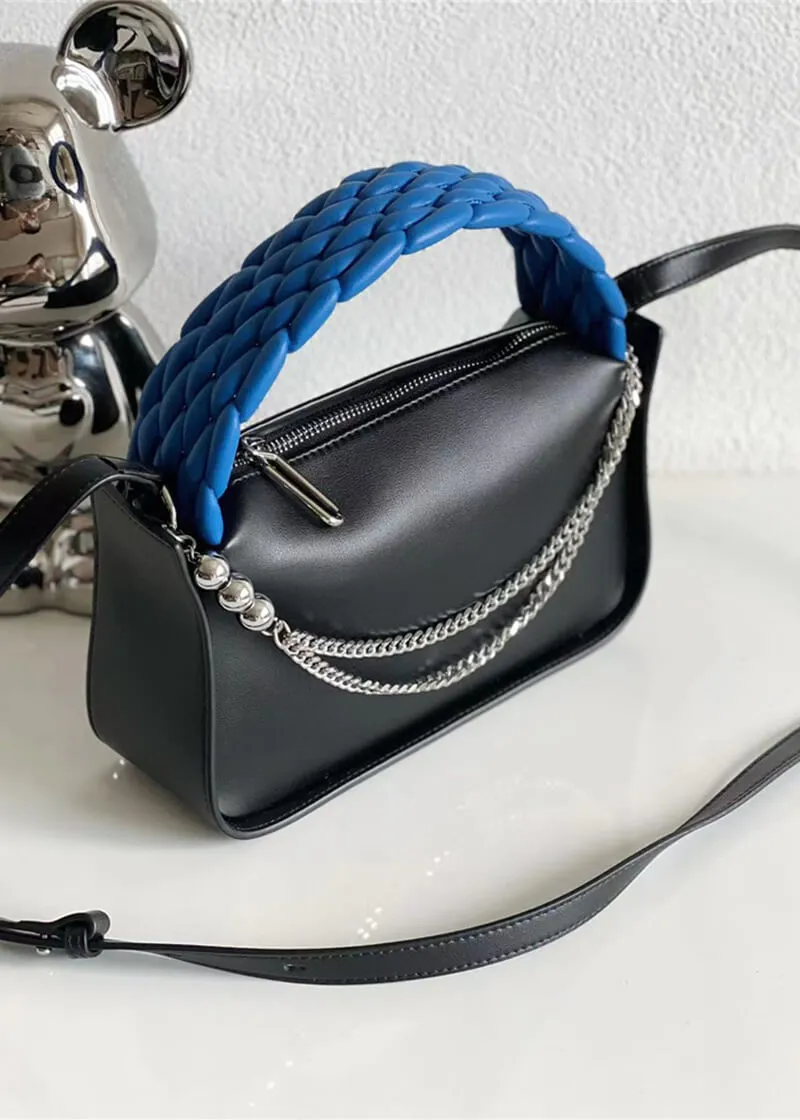 Woven Top Handle Chain Faux Leather Crossbody Bag
